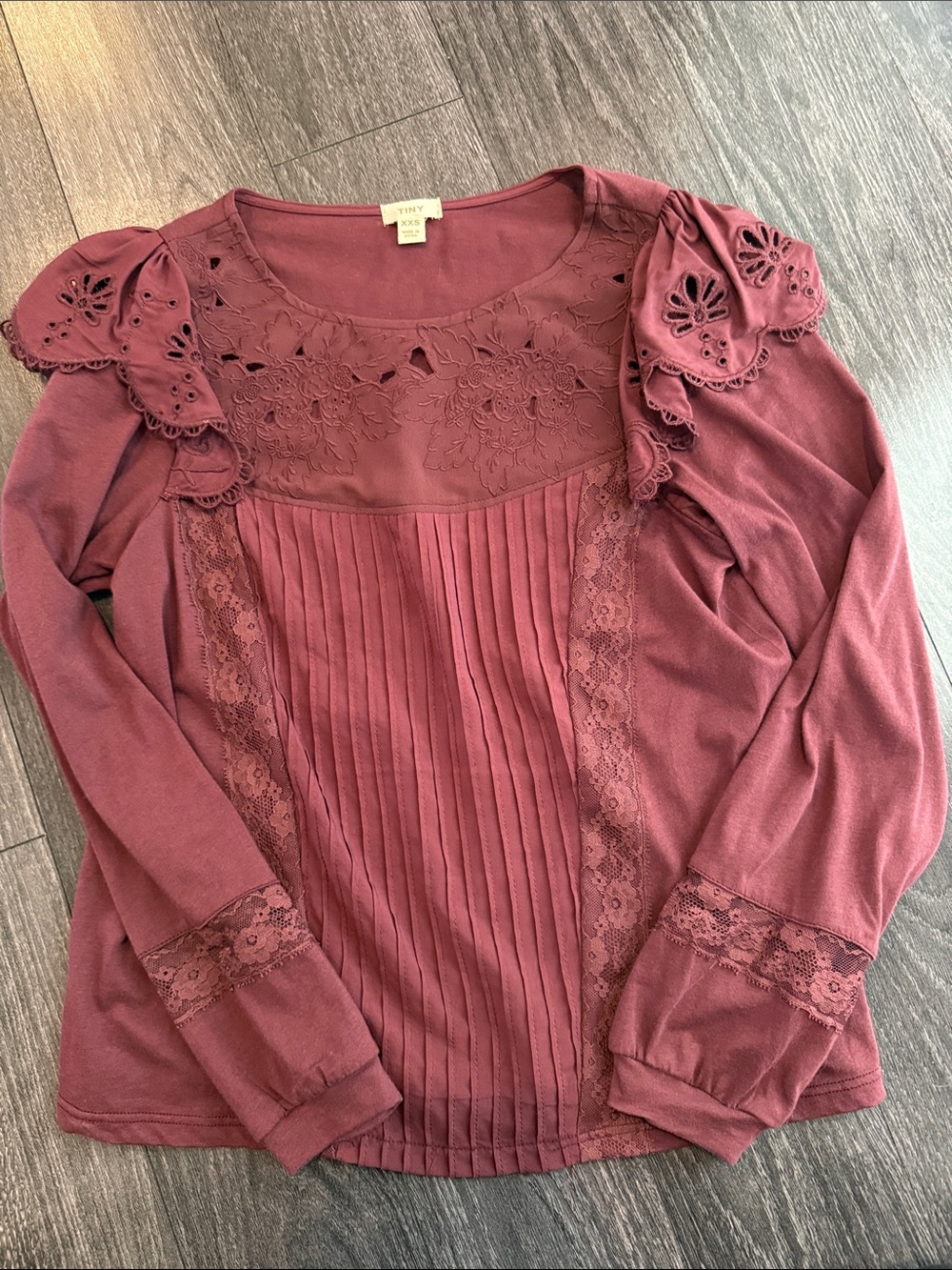 Anthropologie Tiny Lace-Trim Pleated Blouse in Dusty Rose